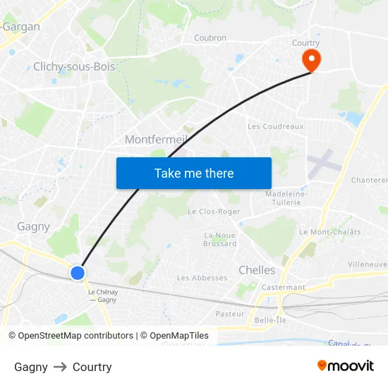 Gagny to Courtry map