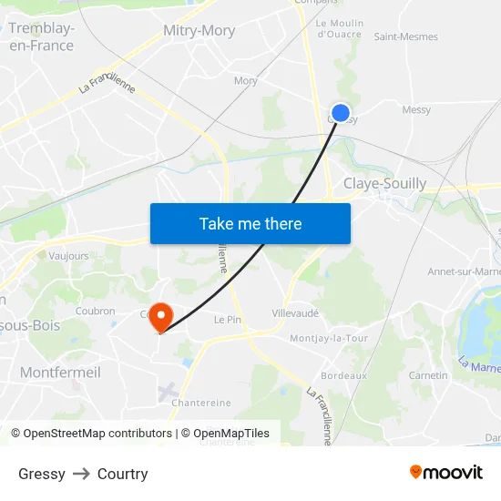 Gressy to Courtry map