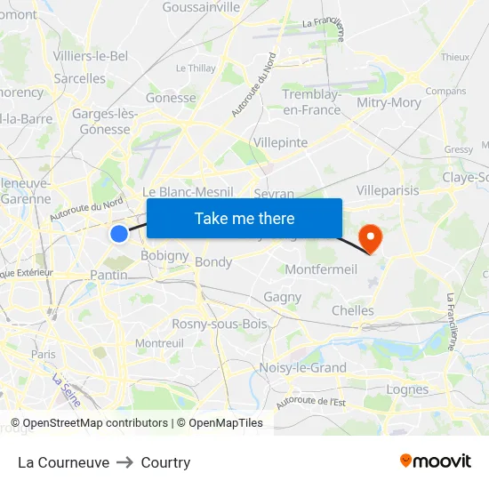 La Courneuve to Courtry map