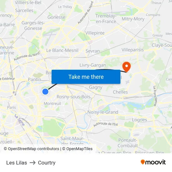 Les Lilas to Courtry map