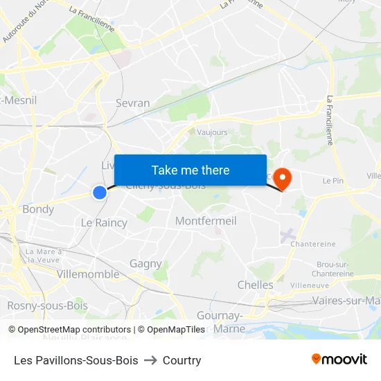 Les Pavillons-Sous-Bois to Courtry map