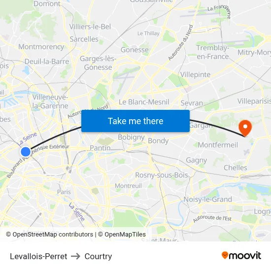 Levallois-Perret to Courtry map