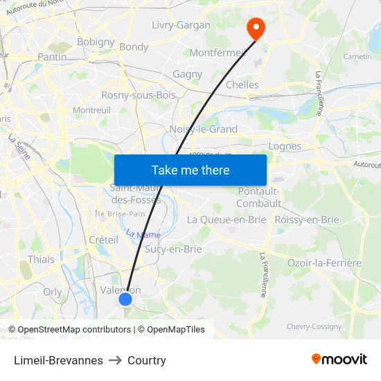 Limeil-Brevannes to Courtry map