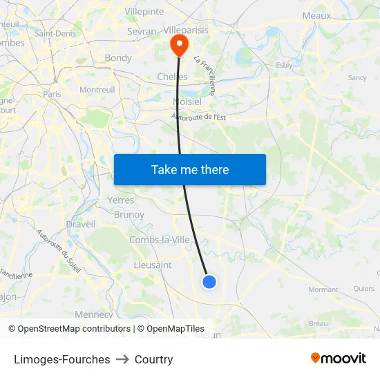 Limoges-Fourches to Courtry map