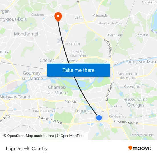 Lognes to Courtry map