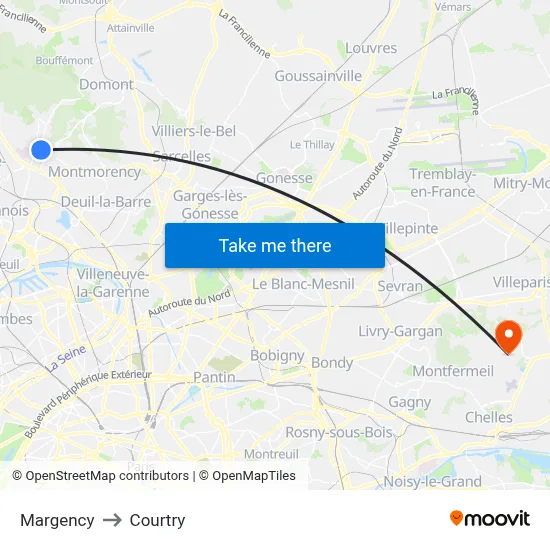 Margency to Courtry map