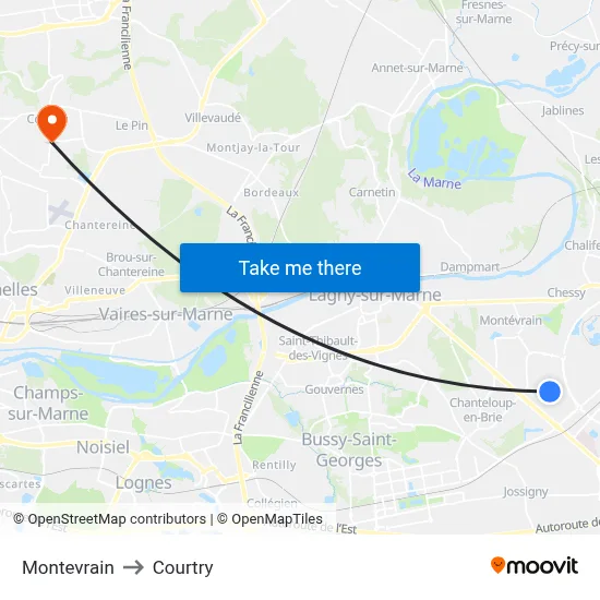 Montevrain to Courtry map