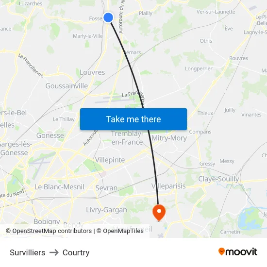 Survilliers to Courtry map
