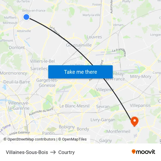 Villaines-Sous-Bois to Courtry map