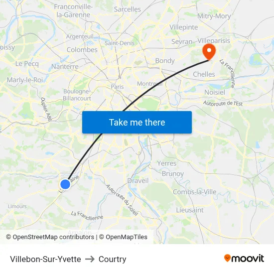 Villebon-Sur-Yvette to Courtry map