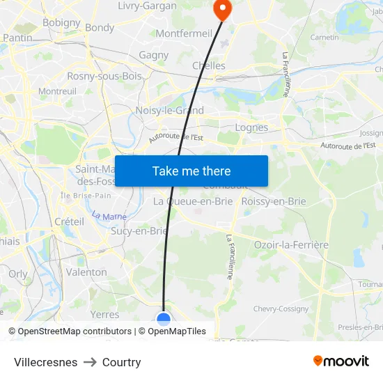 Villecresnes to Courtry map