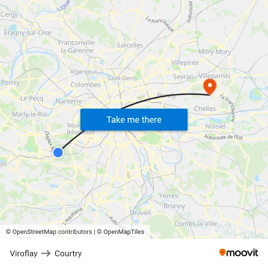 Viroflay to Courtry map