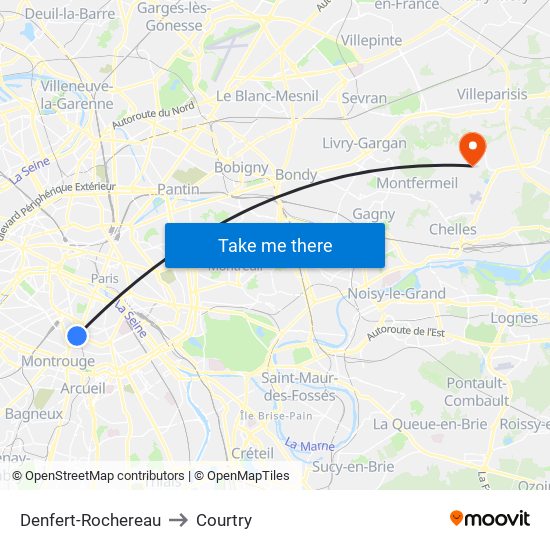 Denfert-Rochereau to Courtry map