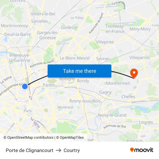 Porte de Clignancourt to Courtry map