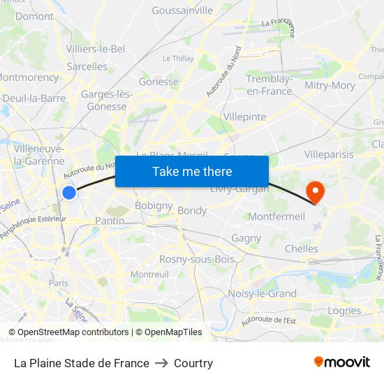 La Plaine Stade de France to Courtry map