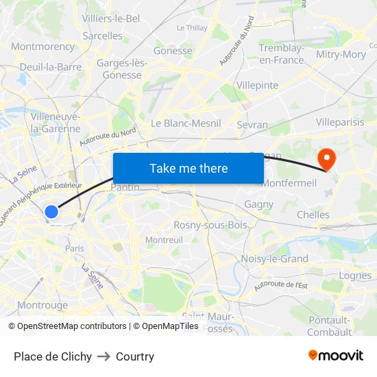 Place de Clichy to Courtry map