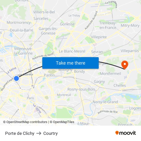 Porte de Clichy to Courtry map
