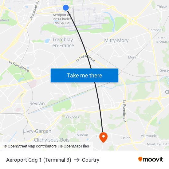 Aéroport Cdg 1 (Terminal 3) to Courtry map