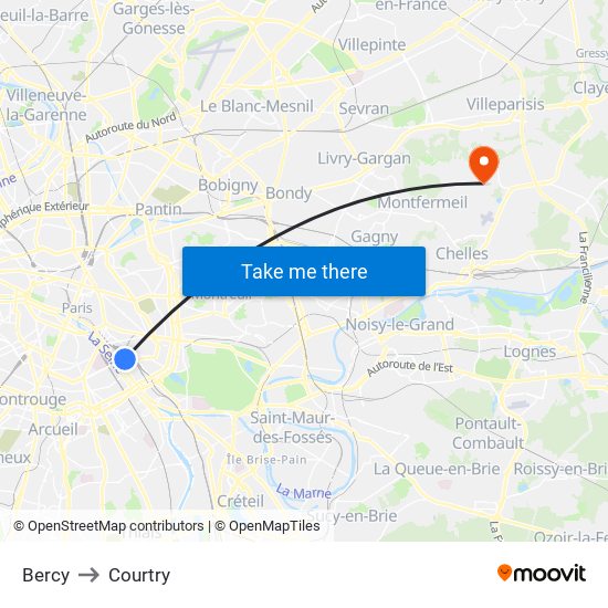 Bercy to Courtry map