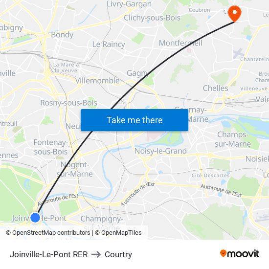 Joinville-Le-Pont RER to Courtry map