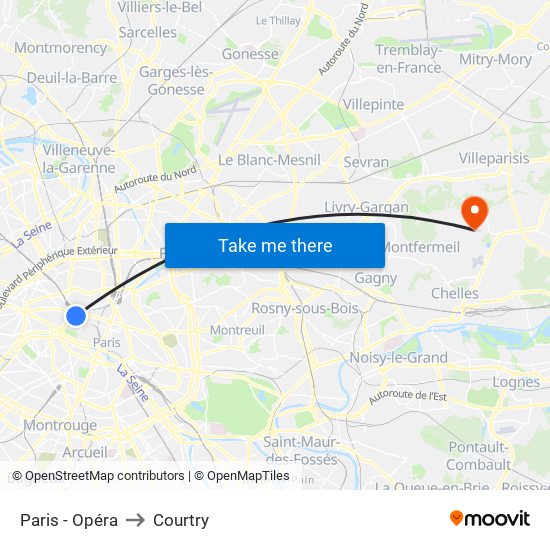 Paris - Opéra to Courtry map