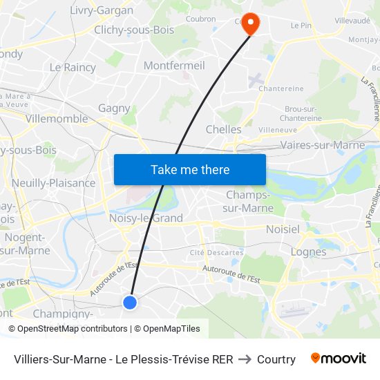 Villiers-Sur-Marne - Le Plessis-Trévise RER to Courtry map