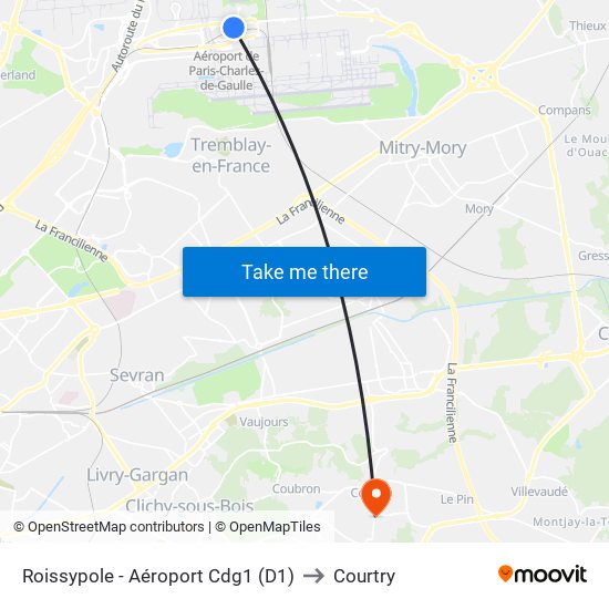 Roissypole - Aéroport Cdg1 (D1) to Courtry map