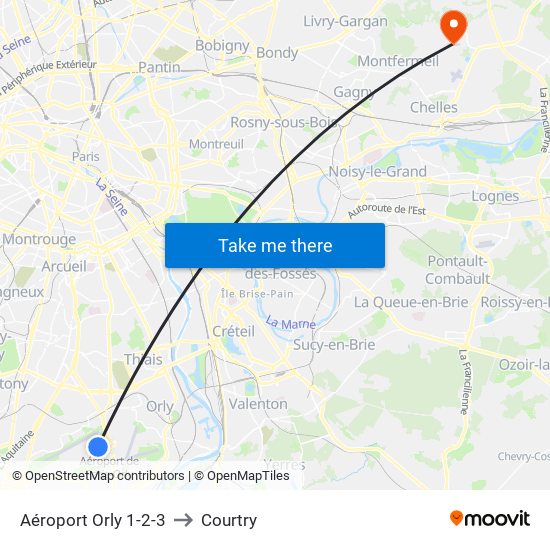 Aéroport Orly 1-2-3 to Courtry map