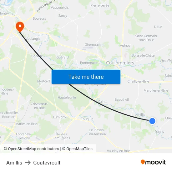 Amillis to Coutevroult map