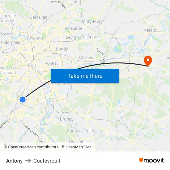 Antony to Coutevroult map