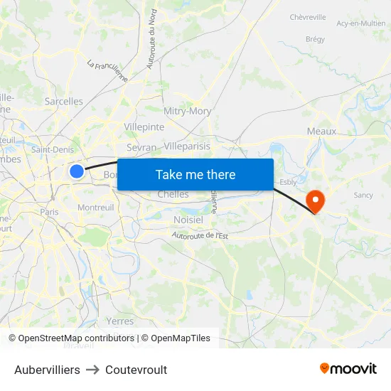 Aubervilliers to Coutevroult map