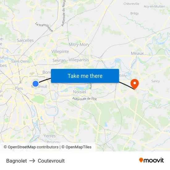 Bagnolet to Coutevroult map