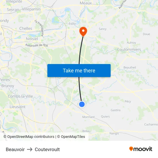 Beauvoir to Coutevroult map
