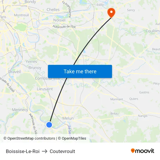 Boissise-Le-Roi to Coutevroult map