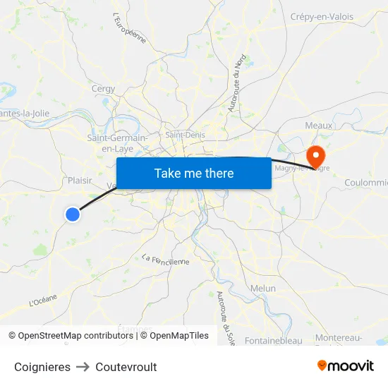 Coignieres to Coutevroult map