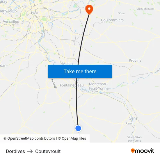Dordives to Coutevroult map