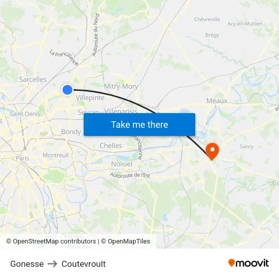 Gonesse to Coutevroult map