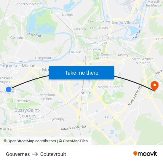 Gouvernes to Coutevroult map