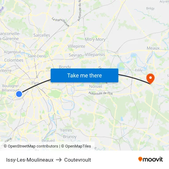 Issy-Les-Moulineaux to Coutevroult map