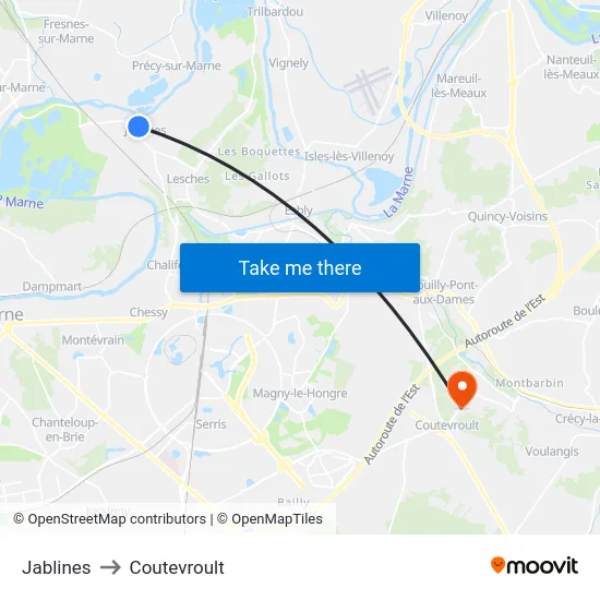 Jablines to Coutevroult map