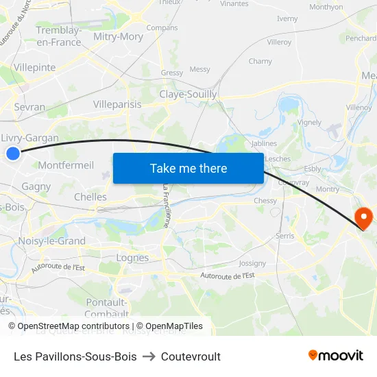 Les Pavillons-Sous-Bois to Coutevroult map