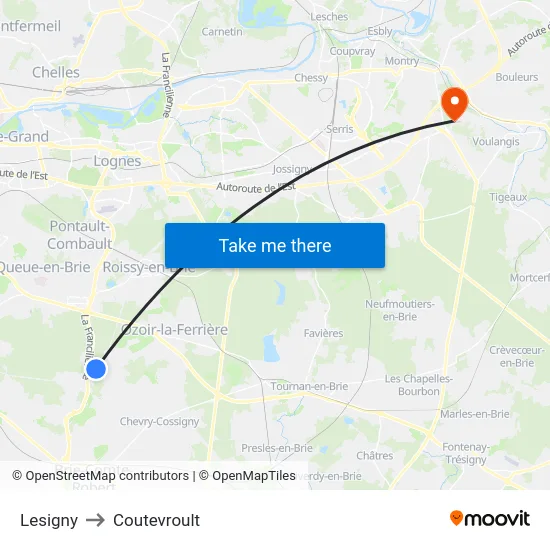 Lesigny to Coutevroult map