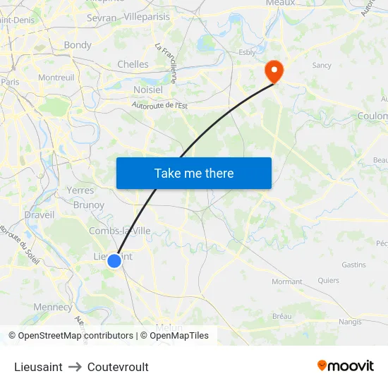 Lieusaint to Coutevroult map