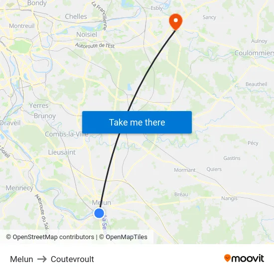 Melun to Coutevroult map