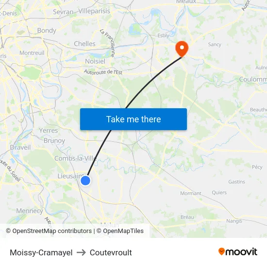 Moissy-Cramayel to Coutevroult map