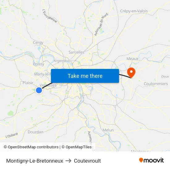 Montigny-Le-Bretonneux to Coutevroult map