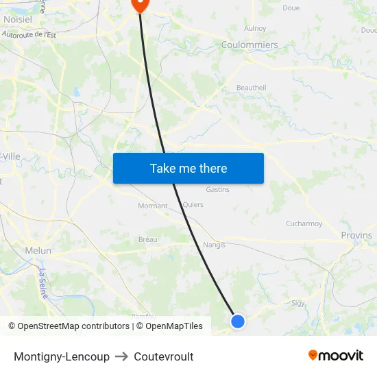 Montigny-Lencoup to Coutevroult map