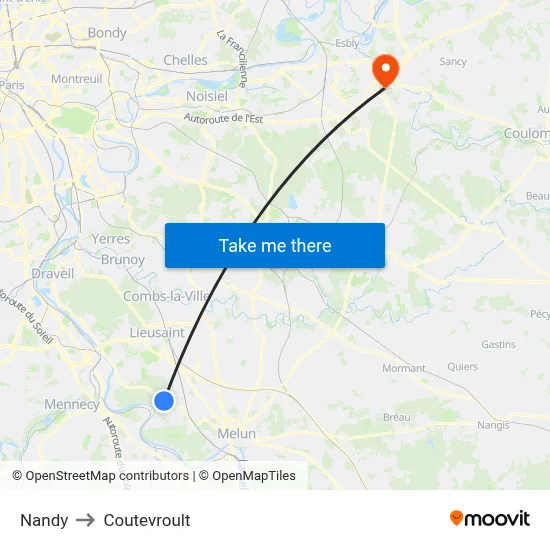 Nandy to Coutevroult map