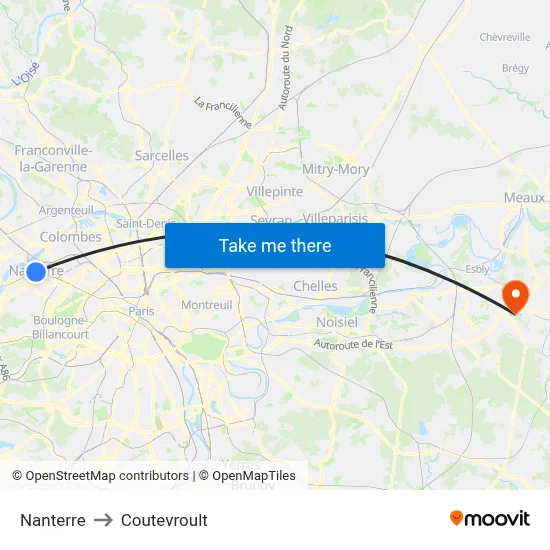 Nanterre to Coutevroult map