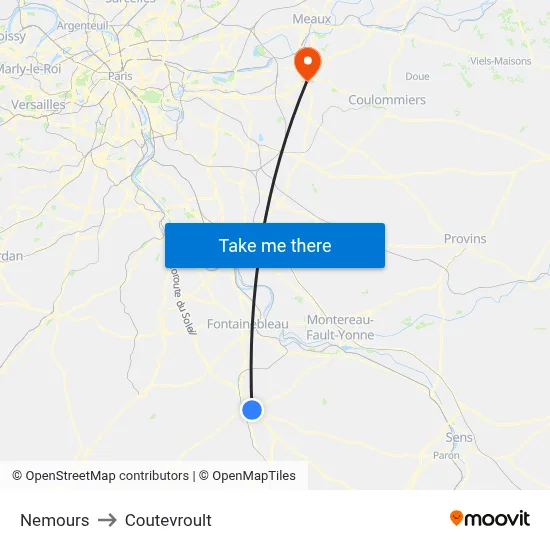 Nemours to Coutevroult map